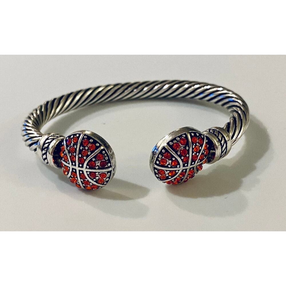 Crystal Basketball Silver Twist Cable Cuff Bracelet